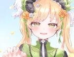  2girls :d black_flower black_rose blonde_hair bonnet flower green_bonnet green_eyes hair_flower hair_ornament highres lolita_fashion long_hair looking_at_viewer mahou_shoujo_no_majo_saiban miruku_(su_cre_1) multiple_girls open_mouth out_of_frame pov pov_hands rose smile solo_focus tachibana_sherry tono_hanna twintails upper_body white_flower white_rose yellow_flower yellow_rose 