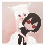  1girl absurdres alternate_costume animal_ear_fluff animal_ears bare_arms bare_shoulders black_hair black_jacket black_pants black_shoes border bow bowtie closed_mouth collarbone commentary cowboy_shot doll double-parted_bangs dress english_commentary fumo_(doll) hair_between_eyes hat highres holding holding_doll inubashiri_momiji jacket jitome kokowoch long_sleeves looking_at_object looking_down no_nose off-shoulder_dress off_shoulder open_mouth outline outside_border pants pink_background red_bow red_bowtie red_eyes shameimaru_aya shirt shoes short_hair simple_background smile solo suit_jacket tail touhou white_border white_dress white_hair white_outline white_shirt wolf_ears wolf_girl wolf_tail 