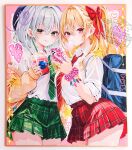  2girls :q bag black_hat blonde_hair blowing_bubbles blue_bag bow cardigan cellphone chewing_gum collared_shirt commentary_request contemporary cup disposable_cup drink drinking_straw earrings flandre_scarlet green_eyes green_necktie green_skirt grey_hair hair_between_eyes hair_bow hat highres holding holding_cup holding_phone jewelry komeiji_koishi marker_(medium) miniskirt missing_wings multiple_girls necktie one_side_up open_cardigan open_clothes phone photo_(medium) plaid_clothes plaid_skirt red_bow red_eyes red_necktie red_skirt school_bag school_uniform scrunchie shirt sio_oekaki skirt smartphone thighs tongue tongue_out touhou traditional_media white_shirt wrist_scrunchie yellow_cardigan 