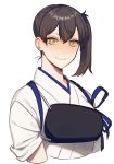  1girl brown_eyes brown_hair commentary_request cropped_torso highres japanese_clothes kaga_(kantai_collection) kantai_collection long_hair muneate side_ponytail simple_background smile solo su_konbu tasuki white_background 