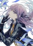  1girl absurdres bangs black_gloves black_ribbon braid commentary_request danganronpa danganronpa_1 eyebrows_visible_through_hair floating_hair from_side gloves hair_ribbon highres jacket kirigiri_kyouko long_hair long_sleeves looking_at_viewer necktie postal_mark_(tsu_qq) purple_eyes purple_hair ribbon shirt side_braid simple_background single_braid solo upper_body white_shirt 