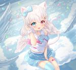  1girl :d absurdres animal_ear_fluff animal_ears bangs bare_shoulders between_legs blue_bow blue_choker blue_eyes blue_legwear blue_skirt blush bow breasts cat_ears cat_girl cat_tail choker collared_shirt commentary_request copyright_request eyebrows_visible_through_hair fang feathered_wings from_above gloves hair_between_eyes hair_ornament hairclip half_gloves hand_between_legs hand_up heterochromia highres long_hair looking_at_viewer looking_up low_twintails mini_wings open_mouth pleated_skirt red_eyes shirt single_glove single_thighhigh sitting skirt sleeveless sleeveless_shirt small_breasts smile solo tail thighhighs tsukiman twintails virtual_youtuber white_gloves white_hair white_shirt white_wings wings wrist_cuffs x_hair_ornament 