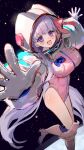  1girl absurdres bb_(fate) bb_cosmo_(fate) blush boots breasts commentary fate/grand_order fate_(series) gloves grey_gloves grey_shrug hair_ribbon helmet highleg highleg_leotard highres knee_boots large_breasts leotard long_hair long_sleeves looking_at_viewer marumai open_mouth pink_leotard pink_ribbon puffy_long_sleeves puffy_sleeves purple_eyes purple_hair ribbon shrug_(clothing) smile solo space_helmet spacesuit thighs very_long_hair 