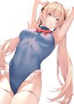  1girl amagimei armpits arms_behind_head azur_lane bangs bare_shoulders black_ribbon blonde_hair blue_eyes blue_swimsuit blush breasts covered_navel dead_or_alive dead_or_alive_xtreme eyebrows_visible_through_hair frilled_swimsuit frills hair_ribbon highres long_hair looking_at_viewer marie_rose medium_breasts one-piece_swimsuit parted_lips ribbon simple_background solo standing swimsuit thigh_strap twintails very_long_hair white_background 