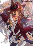  1girl animal_ears black_shorts black_thighhighs blush bracelet breasts brown_hair chain_necktie character_name choker commentary_request ears_through_headwear fang fedora forever_young_(racing)_(umamusume) forever_young_(umamusume) funaya_sakichi green_eyes hat highres horse_ears horse_girl jacket jewelry long_hair looking_at_viewer multicolored_hair multiple_rings necktie open_mouth purple-tinted_eyewear red-tinted_eyewear red_jacket red_streaks ring shirt shorts shorts_under_skirt skirt smile streaked_hair sunglasses thighhighs tinted_eyewear umamusume white_necktie white_skirt white_streaks zoom_layer 
