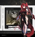  1girl bare_shoulders black_dress black_streaks blue_eyes bracelet breasts claws cross-shaped_pupils different_zoom_layer dragon_girl dragon_horns dragon_tail dress english_text full_body gebijiade_89 hair_intakes hand_up highres horns huge_breasts jewelry long_hair mole mole_under_mouth multicolored_hair original outside_border red_hair red_scales sidelocks standing streaked_hair symbol-shaped_pupils tail thick_tail twintails zoom_layer 