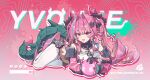  1girl absurdres arknights arknights:_endfield black_gloves blue_eyes blue_streaks breasts chinese_commentary commentary_request detached_sleeves dragon_girl dragon_horns dragon_tail drill_hair fang gloves hair_intakes highres horns large_breasts long_hair looking_at_viewer lying multicolored_hair navel on_stomach open_mouth pants pink_hair pink_sleeves pointy_ears shirt skin_fang smile solo streaked_hair tail the_pose tianqiyubao_euc twin_drills very_long_hair white_background white_pants white_shirt yvonne_(arknights) 