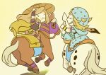  2boys absurdres arm_up arm_warmers beard belt blonde_hair blue_hat blue_hoodie blue_pants blue_sleeves bridal_gauntlets brown_bridal_gauntlets brown_hat brown_pants brown_shirt cape chibi chibi_only closed_eyes commentary commentary_request cowboy_hat facial_hair gold_teeth grey_belt grin gyro_zeppeli hand_up hat heart_ornament highres holster hood hood_down hoodie horseback_riding horseshoe_hat_ornament horseshoe_ornament johnny_joestar jojo_no_kimyou_na_bouken long_hair m_a_a_m_8 male_focus medium_hair multiple_boys pants purple_mask purple_shirt purple_sleeves riding saddle saddlebags shirt slow_dancer_(jojo) smile steel_ball_run two-tone_sleeves valkyrie_(jojo) yellow_arm_warmers yellow_cape 