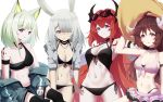  4girls ahoge animal_ears arknights arm_strap arm_up armband ass_visible_through_thighs bangs bare_arms bare_shoulders bikini bikini_skirt black_bikini black_choker black_legwear breasts brown_hair bunny_ears chinese_commentary choker cleavage commentary_request cowboy_shot criss-cross_halter cropped_jacket drawstring eyebrows_visible_through_hair eyewear_on_head eyjafjalla_(arknights) front-tie_bikini front-tie_top frostnova_(arknights) grey_eyes grey_jacket groin hair_between_eyes hair_over_one_eye halterneck hat highleg highleg_bikini horns huizhiyin jacket kal&#039;tsit_(arknights) long_hair long_sleeves looking_at_viewer lynx_ears medium_breasts multiple_girls navel off_shoulder open_clothes open_jacket oripathy_lesion_(arknights) parted_lips pink_bikini pink_eyes pink_skirt purple_eyes red_hair scar scar_on_face scar_on_nose sheep_ears sheep_horns short_hair side-tie_bikini silver_hair simple_background single_strap sitting skirt small_breasts standing stomach sun_hat sunglasses surtr_(arknights) swimsuit thighhighs thighs very_long_hair white_background wristband 