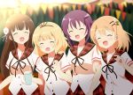  4girls :d ^_^ bangs bendy_straw black_ribbon blonde_hair blurry blurry_background blush breasts brown_hair brown_sailor_collar closed_eyes commentary_request cup depth_of_field derivative_work disposable_cup drinking_straw eyebrows_visible_through_hair flower gochuumon_wa_usagi_desu_ka? hair_between_eyes hair_flower hair_ornament hairclip holding holding_cup hoto_cocoa hoto_cocoa&#039;s_school_uniform kirima_sharo long_hair matching_outfit multiple_girls neck_ribbon open_mouth plaid plaid_sailor_collar plaid_skirt purple_hair red_skirt ribbon sailor_collar school_uniform shirt short_sleeves skirt small_breasts smile tedeza_rize twintails ujimatsu_chiya very_long_hair white_flower white_shirt yutsuki_warabi 