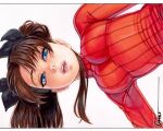  1girl black_ribbon blue_eyes breasts brown_hair commentary english_commentary fate/stay_night fate_(series) hair_ribbon hanging impossible_clothes impossible_sweater letterboxed lips long_hair looking_at_viewer medium_breasts omar_dogan open_mouth protected_link red_sweater ribbed_sweater ribbon scan signature simple_background solo sweater tohsaka_rin traditional_media turtleneck turtleneck_sweater two_side_up upper_body white_background 
