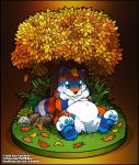  2020 ambiguous_gender anthro autumn blue_eyes blue_pawpads featureless_crotch leaf lying mammal nude nurko o-kemono on_back outside pawpads solo text tree url ursid 