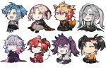  6+boys :< :3 absurdres ahoge alternate_hairstyle altventurer_(regis_altare) animal_on_head aqua_eyes armor axel_syrios axel_syrios_(1st_costume) axelotl_(axel_syrios) banzoin_hakka banzoin_hakka_(1st_costume) beard_stubble bird bird_on_head black_boots black_gloves black_hair black_jacket black_pants black_streaks blonde_hair blue_eyes blue_hair book boots bracelet braid brown_pants butterfly_sitting chibi chibi_only coat collared_jacket ear_piercing earrings empty_eyes extra_arms facial_hair fang fangs feather_earrings feathers fish fur-trimmed_jacket fur_trim gavis_bettel gavis_bettel_(1st_costume) glasses gloves green_eyes grey_hair grey_haori hakama hakama_pants hakkito_(banzoin_hakka) halo haori heterochromia highres holding holding_book holostars holostars_english holotempus hood hoodie jacket japanese_clothes jewelry josuiji_shinri josuiji_shinri_(1st_costume) koi koipanion_(josuiji_shinri) long_hair low_twintails machina_x_flayon machina_x_flayon_(1st_costume) machiroon_(machina_x_flayon) magmite_(magni_dezmond) magni_dezmond male_focus mole mole_under_mouth multicolored_hair multiple_boys multiple_tails noir_vesper noir_vesper_(old_design) on_head open_mouth orange_jacket pants phantom_(gavis_bettel) piercing pink_eyes pink_hair pointy_ears purple_eyes purple_hair purple_hakama red_coat red_hair regis_altare russell_(rrrrrrz9) seiza short_twintails shoulder_armor side_braid single_braid single_hair_streak sitting streaked_hair stubble sweat tail tongue tongue_out torn_clothes torn_pants twintails vestea_(noir_vesper) virtual_youtuber wavy_eyes wavy_mouth white_background white_hoodie white_streaks yellow_eyes 