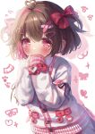  1girl absurdres ahoge amegumo_fuwari bandaid bandaid_hair_ornament black_hair blush bow cat_hair_ornament commentary_request grey_background hair_bow hair_ornament hairpin half_updo heart heart_ahoge highres impasto looking_at_viewer multicolored_hair multicolored_sweater multiple_hair_bows multiple_hairclips original painterly paw_print pink_eyes pink_hair pink_sweater pink_theme pixiv_username ribbon simple_background sleeves_past_fingers sleeves_past_wrists sparkle sweater twitter_username two_side_up white_sweater 