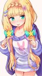  1girl :p animal_ears animal_hood bangs baram blonde_hair blue_bow blush bow braid brown_background bunny_ears bunny_hood candy_hair_ornament closed_mouth clothes_writing commentary_request drawstring eyebrows_visible_through_hair fake_animal_ears flower food_themed_hair_ornament hair_bow hair_flower hair_ornament hair_over_shoulder hands_up hood hood_down hooded_jacket hoodie jacket long_hair long_sleeves looking_at_viewer low_twintails mononobe_alice nijisanji open_clothes open_jacket pink_flower purple_jacket romaji_text simple_background sleeves_past_wrists smile solo star_(symbol) star_hair_ornament striped striped_bow tongue tongue_out twintails very_long_hair virtual_youtuber white_hoodie 