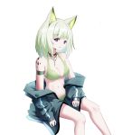  1girl absurdres animal_ears arknights armband bangs bare_shoulders bikini black_choker breasts chinese_commentary choker cleavage commentary_request eyebrows_visible_through_hair feet_out_of_frame green_bikini grey_jacket highres huizhiyin jacket kal&#039;tsit_(arknights) long_sleeves looking_at_viewer lynx_ears medium_breasts navel off_shoulder open_clothes open_jacket oripathy_lesion_(arknights) parted_lips purple_eyes short_hair silver_hair simple_background sitting solo stomach swimsuit white_background 