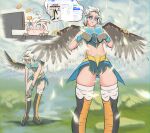  13yogrill absurd_res animal_humanoid anthro armor avian avian_humanoid belt blue_eyes clothing dota dragonus_the_skywrath_mage electronics feathers grass hair hi_res humanoid humanoid_pointy_ears legwear male monitor plant pointy_ears pupils putting_on_clothes sky skywrath smug solo stockings unusual_pupils valve white_hair wings 