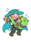  2boys absurdres arm_warmers beanie belt black_arm_warmers black_pants black_shirt blonde_hair blue_cape blue_hat brown_hair cape carrying chibi chibi_only commentary cowboy_hat flying_sweatdrops full_body goggles goggles_on_headwear green_hat green_hoodie green_pants gyro_zeppeli hat highres hood hood_down hoodie horseshoe_hat_ornament horseshoe_ornament johnny_joestar jojo_no_kimyou_na_bouken lifting_person long_hair m_a_a_m_8 male_focus medium_hair multiple_boys no_eyes official_alternate_costume open_mouth orange_belt pants princess_carry shaded_face shirt short_sleeves simple_background spurs steel_ball_run untranslatable_commentary white_background 