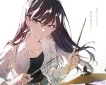  1girl bang_dream! bang_dream!_it's_mygo!!!!! black_hair commentary_request drum drumsticks highres instrument looking_at_viewer mygo!!!!!_(bang_dream!) purple_eyes shiina_taki shirt tumaomao white_shirt 