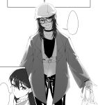  2girls bang_dream! bang_dream!_it's_mygo!!!!! blank_speech_bubble blush choker doki_(oox3o) ear_blush earrings glasses greyscale hair_between_eyes hat jacket jewelry mole mole_under_eye monochrome multiple_girls open_mouth pants shiina_taki shirt speech_bubble stud_earrings yahata_umiri 