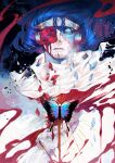  1boy blood blood_on_face blue_butterfly blue_eyes blue_hair blue_skin bug butterfly chinese_commentary colored_skin commentary commentary_request cracked_skin fingerless_gloves floating_hair flower flower_over_eye fusion gloves highres jojo_no_kimyou_na_bouken kujo_jotaro long_hair looking_at_viewer male_focus one_eye_covered red_flower red_rose rose scarf shards sherytan solo star_platinum stone_ocean tiara white_scarf 