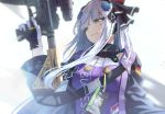  1girl assault_rifle bangs belt_buckle black_jacket black_ribbon blurry buckle closed_mouth depth_of_field english_commentary eyebrows_visible_through_hair facial_mark german_flag girls_frontline gloves green_eyes gun h&amp;k_hk416 hair_ornament hair_ribbon hairclip hand_up head_tilt highres hk416_(girls_frontline) holding holding_gun holding_weapon id_card iron_cross jacket long_hair mod3_(girls_frontline) multicolored multicolored_clothes multicolored_gloves open_clothes open_jacket ribbon rifle silver_hair solo teardrop trigger_discipline upper_body vikpie weapon 