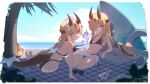  2girls absurdres aged_down arknights artist_name beach bikini black_bikini black_bow black_horns blonde_hair bow box chinese_commentary dragon_horns dragon_tail fiery_tail fire green_eyes hair_bow hat highres horns innertube leaning_back leaning_forward long_hair looking_at_viewer looking_back mo_xin_(hpfx2784) multiple_girls necrass_(arknights) ocean purple_fire red_fire reed_(arknights) sarong shadow siblings smile straw_hat striped_bow sunglasses surfboard swim_ring swimsuit tail tree_shade twins unworn_headwear watermark white_bow white_sarong 