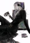  1boy black_lips black_nails black_pants blonde_hair camera clothing_cutout cross-laced_clothes cross-laced_cutout grey_hair hat headphones highres holding holding_camera jojo_no_kimyou_na_bouken leone_abbacchio liejiuyuyan1 long_hair long_sleeves makeup male_focus pants pectoral_cleavage pectorals plunging_neckline purple_eyes purple_hat simple_background sitting solo television vento_aureo white_background 