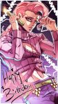  1boy belt border brown_eyes candle cappuris cleavage_cutout clothing_cutout commentary crop_top english_commentary freckles happy_birthday highres holding holding_candle jojo_no_kimyou_na_bouken long_hair long_sleeves male_focus midriff navel open_mouth pants parted_lips pectoral_cleavage pectorals pink_hair pink_sweater purple_pants ribbed_sweater solo sweater vento_aureo vinegar_doppio white_border 