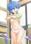  1girl absurdres blue_hair bra breasts commentary_request fusuma highres indoors jikkyou_powerful_pro_yakyuu laundry_basket medium_hair nagumo_rurika navel open_mouth panties pawahotel3021 power_pro-kun_pocket power_pro-kun_pocket_dash purple_eyes shirt sliding_doors small_breasts solo sweat sweatdrop teeth underwear undressing white_bra white_panties yellow_shirt 