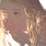  1girl backlighting blonde_hair chin_rest close-up covered_mouth curly_hair expressionless eyelashes face facing_viewer fingernails green_eyes hand_on_own_face hand_to_own_mouth hand_up highres kyuko2go leaning leaning_forward long_eyelashes long_hair looking_afar messy_hair original red_nails shaded_face sidelocks simple_background solo tareme thick_eyebrows upper_body white_background 