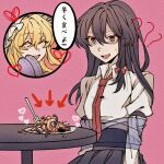  2girls :d ? ?? alternate_eye_color alternate_hair_length_(longer) arrow_(symbol) black_hair black_skirt blonde_hair blue_eyes bound bow bug closed_eyes cockroach collared_shirt commentary fang fork gloves guro hair_between_eyes hair_bow hat heart highres long_hair long_sleeves maggot maribel_hearn missing_headwear mob_cap multiple_girls necktie open_mouth oriharareimu pink_background plate purple_gloves red_bow red_necktie shirt sitting skirt sleeve_garter smile speech_bubble sweatdrop table tie_clip tied_up_(nonsexual) touhou translation_request usami_renko white_hat white_shirt 