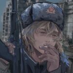  1girl absurdres ak-74m artist_name assault_rifle blonde_hair blurry blurry_background brown_eyes building chechen_war cigarette commentary curly_hair day english_commentary fingernails fur_hat fur_trim green_jacket grey_hat gun hair_between_eyes hammer_and_sickle hat hat_ornament highres holding holding_cigarette holding_gun holding_weapon jacket kalashnikov_rifle long_sleeves looking_ahead military military_hat military_jacket military_uniform original outdoors persifalli portrait red_star rifle ruins russia smoke smoking soldier solo star_(symbol) star_hat_ornament ushanka war weapon 