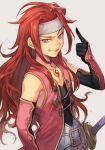  1boy bare_shoulders gloves headband hungry_clicker long_hair pink_vest pointing purple_eyes raised_eyebrow red_hair simple_background smile solo tales_of_(series) tales_of_symphonia vest weapon white_background zelos_wilder 