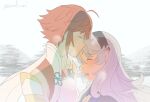  2girls ahoge armor artist_name black_hairband closed_eyes closed_mouth commentary_request facing_another female_corrin_(fire_emblem) fire_emblem fire_emblem_fates gold_trim grey_hair hairband high_collar hinoka_(fire_emblem) multiple_girls open_mouth pointy_ears red_hair sidelocks sorafuuai upper_body white_armor white_background 