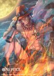  1boy abs arm_tattoo bisaiiiii black_hair bottle commentary_request elbow_pads fire holding holding_bottle jewelry male_focus moon necklace official_art one_piece one_piece_card_game pearl_necklace portgas_d._ace short_hair single_elbow_pad sitting smile solo tattoo topless_male 