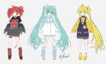  ahoge akita_neru aqua_eyes aqua_hair black_sleeves drill_hair hair_between_eyes hatsune_miku highres kasane_teto kasane_teto_(utau) kieed long_hair looking_at_viewer multiple_girls red_eyes red_hair simple_background skirt triple_baka_(vocaloid) twin_drills twintails very_long_hair vocaloid 