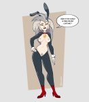  2020 absurd_res berryvapor bow_tie breasts clothing costume dialogue eda_(the_owl_house) english_text fake_ears fake_rabbit_ears female footwear frown full-length_portrait genitals grey_hair hair hi_res high_heels humanoid humanoid_pointy_ears looking_at_viewer mature_female mostly_nude nipple_piercing nipples not_furry open_frown open_mouth piercing portrait pubes pussy reverse_bunny_costume shoes solo standing talking_to_viewer text the_owl_house 