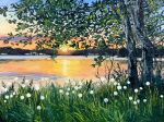  blue_sky commentary english_commentary flower gradient_sky grass highres kate_avery no_humans oil_painting_(medium) orange_skirt original outdoors painting_(medium) river scenery skirt sky sun sunset traditional_media tree white_flower 