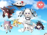  6+girls :d ahoge aircraft akagi_(azur_lane) akaoni_(zumt3548) animal_ears aqua_eyes azur_lane belfast_(azur_lane) black_hair blonde_hair blue_eyes blue_sky braid chain chibi cloud cloudy_sky collar commentary_request crossover eldridge_(azur_lane) eyeshadow facial_mark fire flying fox_ears fox_girl fox_tail gundam gundam_unicorn hair_bun hair_ribbon hair_tubes headphones highres japanese_clothes kaga_(azur_lane) long_hair long_island_(azur_lane) long_sleeves looking_at_viewer low_twintails maid maid_headdress makeup mecha_musume multiple_girls mutsuki_face one_side_up open_mouth orange_eyes pink_hair purple_hair red_eyes ribbon san_diego_(azur_lane) short_hair shoukaku_(azur_lane) side_bun single_braid sky sleeves_past_wrists smile sun tail twintails unicorn_(azur_lane) unicorn_gundam white_hair wide_sleeves 