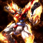 black_background blue_eyes build_burning_gundam burning clenched_hands embers fighting_stance glowing glowing_eyes gundam gundam_build_fighters gundam_build_fighters_try haganef looking_at_viewer mecha no_humans solo v-fin 