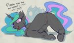  2020 anthro arthropod butt changeling dialogue english_text female friendship_is_magic genitals hasbro hi_res marsminer my_little_pony princess_celestia_(mlp) pussy solo text tongue tongue_out 
