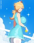  1girl artist_name ball bare_shoulders blonde_hair blue_dress blue_eyes breasts commentary crown dress earrings english_commentary hair_over_one_eye jewelry kaos_art large_breasts long_hair mario_(series) mario_tennis mario_tennis:_ultra_smash official_alternate_costume pantyhose racket rosalina rosalina_(sports) sleeveless sleeveless_dress star_(symbol) star_earrings tennis_ball tennis_net tennis_racket thighs white_pantyhose wristband 