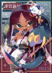  1girl bazumi blonde_hair blush border breasts colored_tongue commentary_request dark-skinned_female dark_skin dated fangs fingernails floral_print floral_print_kimono forked_tongue green_eyes green_hair green_nails green_scales gyaru_v hair_ornament highres inkling inkling_girl inkling_player_character japanese_clothes kanzashi kimono large_breasts long_fingernails looking_at_viewer multicolored_hair outside_border pokemon pokemon_(creature) pokemon_ruby/sapphire/emerald print_kimono purple_hair purple_tongue red_eyes seviper sharp_tail snake snake_wrapped_around_body solo splatoon_(series) tongue tongue_out v white_hair white_kimono yellow_border yellow_scales 