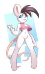  2019 anthro blue_eyes breasts clothing crop_top featureless_crotch female hi_res mammal mouse murid murine navel proxicute rodent shirt simple_background smug_grin solo topwear under_boob white_body 