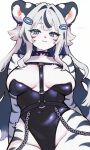  1girl :3 animal_ears animal_nose artist_name bare_shoulders black_collar black_hair black_leotard blue_eyes breasts chest_harness chest_tuft collar colored_inner_hair commentary covered_navel furry furry_female harness highleg highleg_leotard highres large_breasts leotard long_hair looking_at_viewer multicolored_hair o-ring o-ring_harness original simple_background smile solo strapless strapless_leotard tiger_ears tiger_girl tiger_stripes two-tone_hair untranslatable_commentary valleedolla white_background white_fur white_hair 