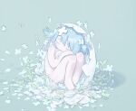  1girl blue_hair closed_eyes commentary completely_nude egg eggshell english_commentary falling_petals hair_ornament hairclip head_on_hand head_on_knee highres kurohanenone nude petals petals_on_ground plus_sign short_twintails simple_background sleeping sprout twintails 