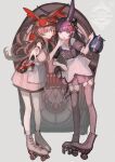  2girls :o alternate_costume animal_ears april_(arknights) apron arknights black_hat blue_eyes brown_hair commentary dress full_body grappling_hook grey_background gyaru_v hat headphones hemorina highres holding holding_kettle holding_tray jukebox kettle long_hair looking_at_viewer multiple_girls one_eye_closed purple_eyes purple_hair purple_thighhighs rabbit_ears red_dress red_hat roller_skates rope_(arknights) simple_background skates socks striped_clothes striped_dress thighhighs tray v vertical-striped_clothes vertical-striped_dress visor_cap waist_apron watermark white_apron white_dress white_socks 