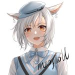  1girl :d animal_ears artist_name bangs blue_bow blue_headwear blush bow cabbie_hat cat_ears collared_shirt commentary_request dress_shirt ear_piercing eyebrows_visible_through_hair final_fantasy final_fantasy_xiv hair_between_eyes hat looking_at_viewer maoyao-ll mini_hat miqo&#039;te open_mouth orange_eyes piercing school_uniform shirt short_hair signature simple_background smile solo sweater_vest upper_body upper_teeth whisker_markings white_background white_hair white_shirt 