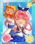  1girl ^_^ absurdres ahoge animal bare_shoulders beret blue_border blue_bow blue_bowtie blue_choker blue_dress blue_sky blue_sleeves blue_wrist_cuffs blush_stickers border bow bow_choker bowtie brooch brown_eyes bubble bubbly_voyage_(infinity_nikki) buttons cat chinese_commentary choker cloak closed_eyes clothed_animal cloud collared_dress commentary_request detached_sleeves dot_nose dress ear_covers frilled_choker frilled_sleeves frilled_wrist_cuffs frills gradient_border hair_ornament hairclip hand_up happy hat hat_bow hat_ornament highres hood hood_up hooded_cloak infinity_nikki jellyfish jewelry jiaoluolideyaoyaoyao light_blush medium_hair momo_(nikki) nikki_(nikki) nikki_(series) one_eye_closed open_mouth pink_hair rabbit_hair_ornament red_bow red_bowtie sample_watermark shooting_star_(symbol) short_sleeves sidelocks sky smile star_(symbol) star_choker star_hat_ornament strapless strapless_dress swept_bangs traditional_bowtie upper_body watermark watermark_grid wavy_hair white_cat white_hat wrist_cuffs yellow_cloak 